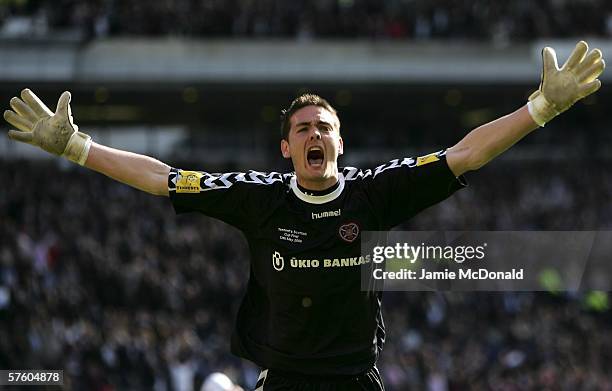 Celebrations for Hearts keeper Craig Gordon as his team wins the Tennents Scottish Cup on penalties during the Tennents Scottish Cup Final between...