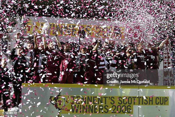 Hearts celebrate victory during the Tennents Scottish Cup Final between Heart of Midlothian and Gretna at Hampden Park on May 13 2006, in Glasgow,...