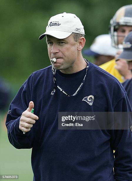 Head coach Scott Linehan of the St. Louis Rams directs his team during the Rams Mini Camp on May 13, 2006 at Rams Park in St. Louis, Missouri.