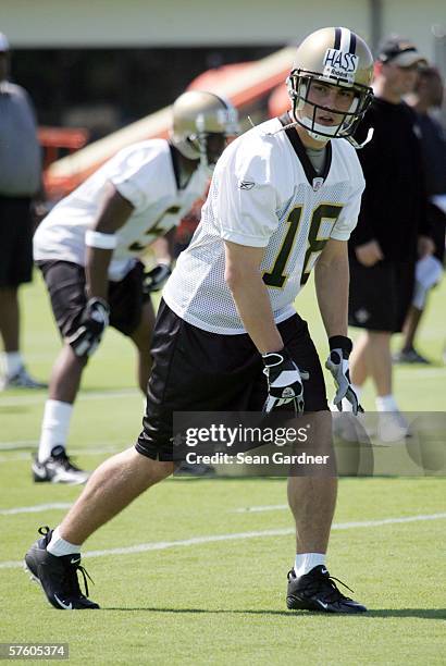 Rookie wide receiver Mike Hass of the New Orleans Saints practices during Rookie Camp on May 13, 2006 at the Saints Training Facility in Metairie,...