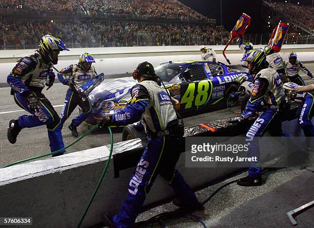 Jimmie Johnson dirver of the Lowe's Chevrolet pits during the NASCAR Nextel Cup Series Dodge Charger 500 on May 13, 2006 at Darlington Raceway in...