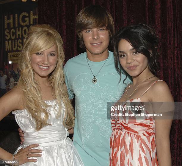 Actors Ashley Tisdale, Zac Efron and Vanessa Anne Hudgens attend the DVD launch gala for "High School Musical" at the El Capitan Theatre on May 13,...