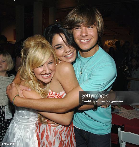 Actors Ashley Tisdale, Vanessa Anne Hudgens and Zac Efron attend the after party for the DVD launch of "High School Musical" on May 13, 2006 in...