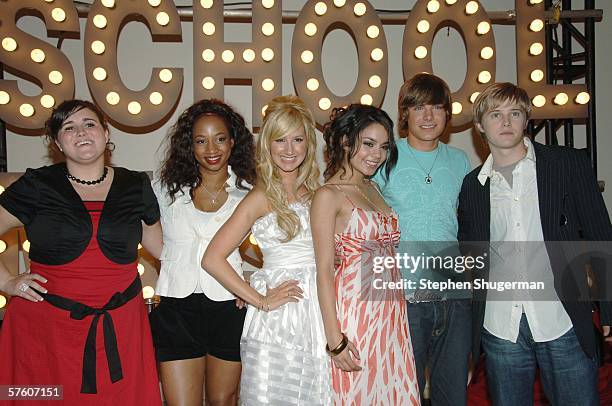 Actors Kaycee Stroh, Monique Coleman, Ashley Tisdale, Vanessa Anne Hudgens, Zac Efron and Lucas Grabeel attend the after party for the DVD launch of...