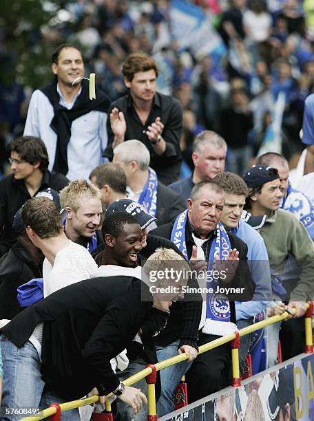 Damien Duff and Shaun Wright-Phillips of Chelsea FC are seen on their open-topped bus parade of the Barclays Premiership trophy and the FA Community...