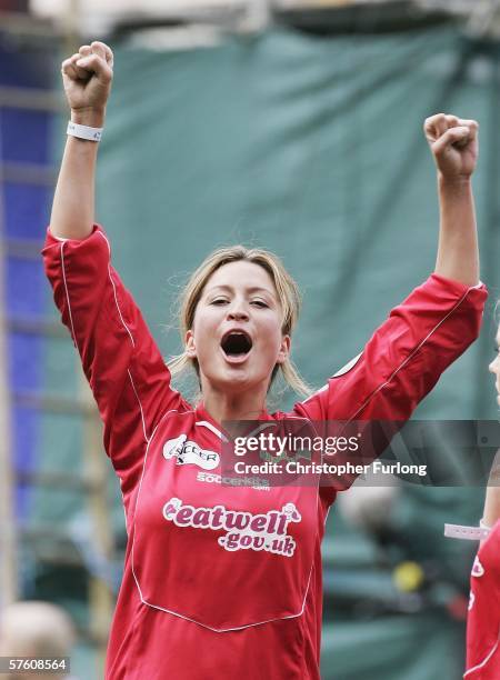 Rebecca Loos celebrates a goal as she takes part in the Celebrity World Cup Soccer Six tournament at St Andrew's the home of Birmingham City Football...
