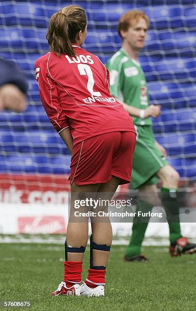 Rebecca Loos plays up to the crowd as she takes part in the Celebrity World Cup Soccer Six tournament at St Andrew's the home of Birmingham City...