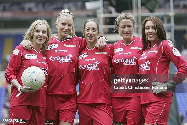 The England ladies team Michelle Dewberry, Caprice, Vivianna, Rebecca Loos and Michelle Heaton take part in the Celebrity World Cup Soccer Six...