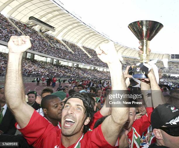 Gianluigi Buffon of Juventus celebrates winning the match and championship title after the Serie A match between Reggina and Juventus at the Stadio...