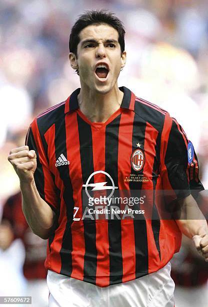 Kaka celebrates after scoring a penalty during the Serie A match between AC Milan and Roma at the San Siro on May 14, 2006 in Bari, Italy.