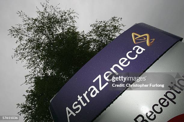 Corporate logos are seen outside the Macclesfield factory of AstraZeneca on May 15 in Macclesfield, England. Anglo-Swedish drugs giant AstraZeneca...