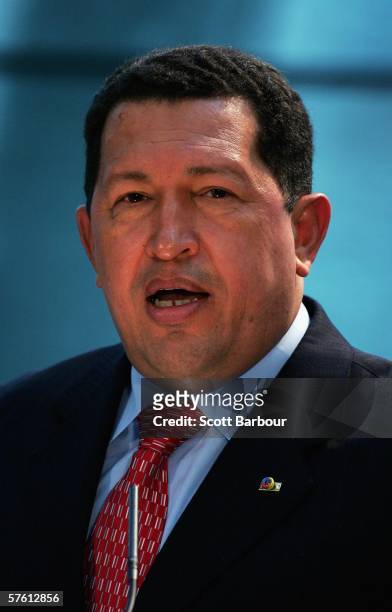 Venezuelan President Hugo Chavez speaks during a news conference held with London Mayor Ken Livingstone at City Hall on May 15, 2006 in London,...