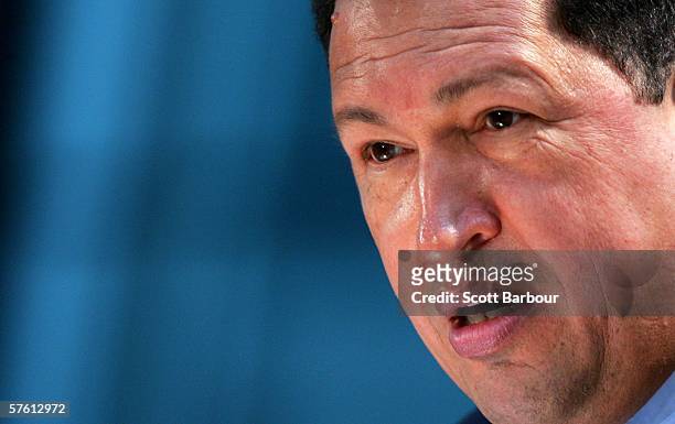 Venezuelan President Hugo Chavez speaks during a news conference held with London Mayor Ken Livingstone at City Hall May 15, 2006 in London, England....