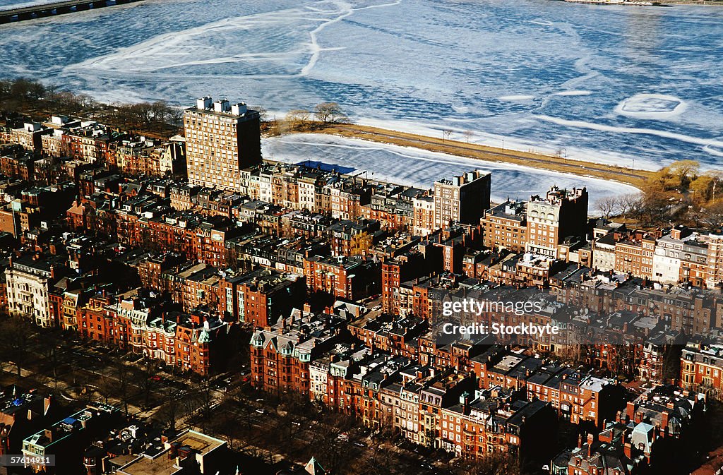 Aerial view of a cluster of buildings on the ground