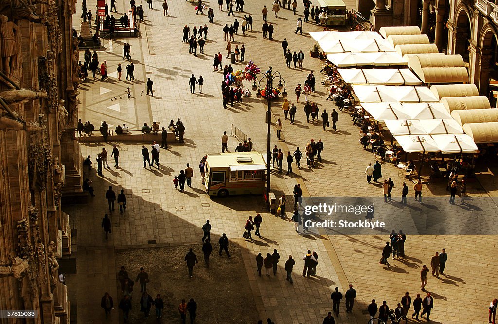Elevated view of people walking on the street