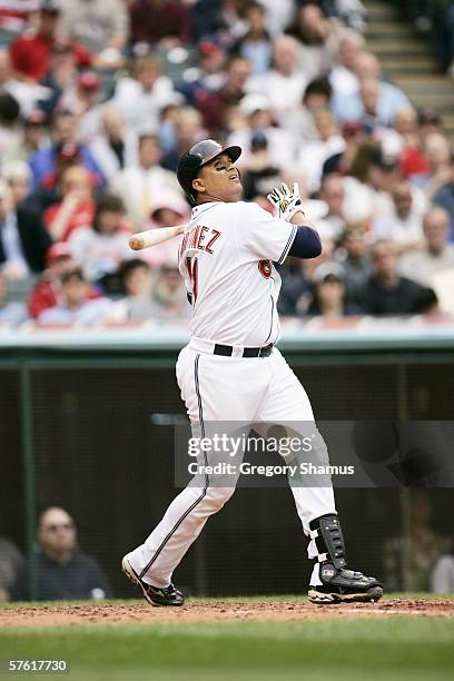 Victor Martinez of the Cleveland Indians bats against the Chicago White Sox at Jacobs Field on May 2, 2006 in Cleveland, Ohio. The Indians defeated...