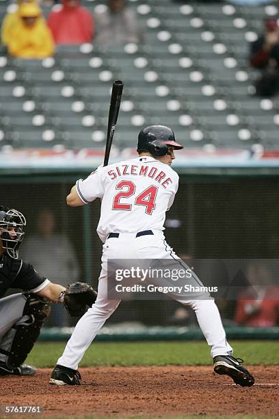 Grady Sizemore of the Cleveland Indians bats against the Chicago White Sox at Jacobs Field on May 2, 2006 in Cleveland, Ohio. The Indians defeated...