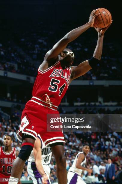 Horace Grant of the Chicago Bulls grabs a rebound against the Milwaukee Bucks during a game at Bradley Center on November 10, 1993 in Milwaukee,...