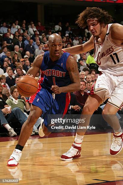 Chauncey Billups of the Detroit Pistons drives the baseline past Anderson Varejao of the Cleveland Cavaliers in game four of the Eastern Conference...