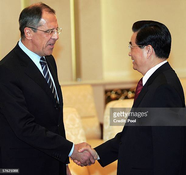 Visiting Russian Foreign Minister Sergei Lavrov meets with Chinese President Hu Jintao at the Great Hall of the People on May 16, 2006 in Beijing,...