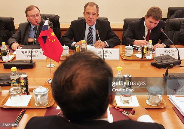 Visiting Russian Foreign Minister Sergei Lavrov meets with his Chinese counterpart Li Zhaoxing on May 16, 2006 in Beijing, China. Lavrov is meeting...