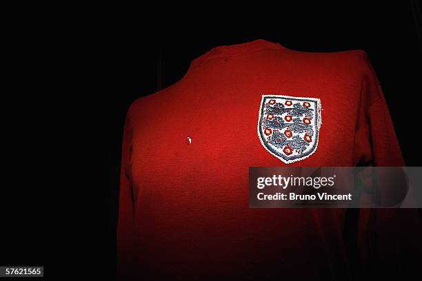 World cup football shirt worn by George Cohen during the final at Wembley is displayed at Christies Auctioneers before its sale on May 16, 2006 in...