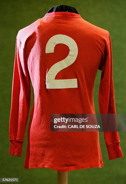United Kingdom: An England soccer shirt worn by ex-England soccer player George Cohen in the 1966 World Cup against Germany is pictured at a...