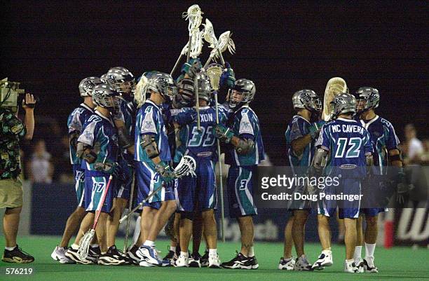 The Baltimore Bayhawks celebrate after a Major League Lacrosse game against the Long Island Lizards on Homewood Field at John Hopkins University in...