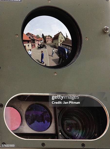 Houses are reflected in the camera of a land-robot at the German army base on May 16, 2006 in Hammelburg, Germany. 21 exhibitors from 8 european...