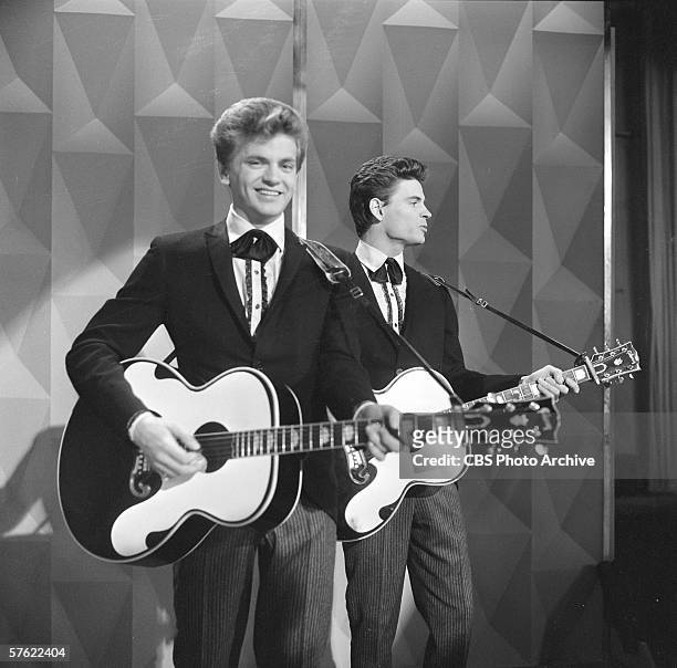 American popular musicians the Everly Brothers, Phil and Don, perform on Ed Sullivan's CBS variety show 'Toast of the Town,' New York, October 29,...
