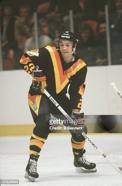 Canadian professional hockey player Dave 'Tiger' Williams of the Vancouver Canucks skates on the ice during a road game against the New York Rangers,...