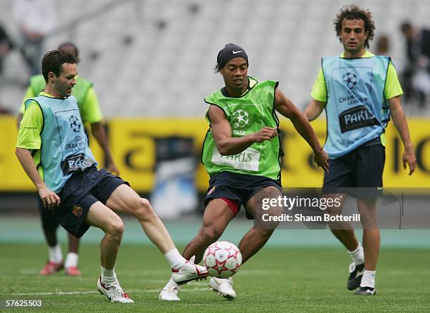 Ronaldinho of Barcelona runs with a ball during the Barcelona training session prior to the UEFA Champions League Final between Arsenal and Barcelona...