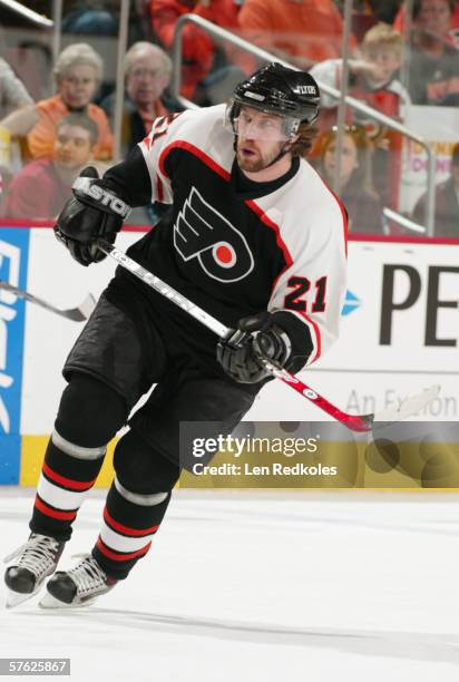 April 28: Center Peter Forsberg of the Philadelphia Flyers skates against the Buffalo Sabres in game four of the Eastern Conference Quarterfinals...