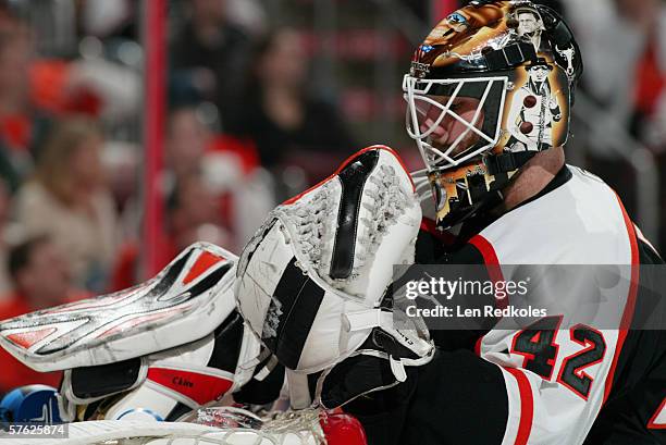 April 28: Goaltender Robert Esche of the Philadelphia Flyers looks on during a break in action against the Buffalo Sabres in game four of the Eastern...