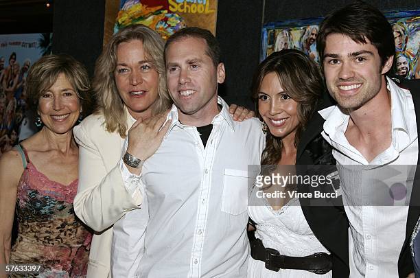 : Cast members Lin Shaye, Diane Delano, Angie Ruiz and Corey Sevier pose with director Joel Silverman at the Los Angeles premiere of the comedy film...