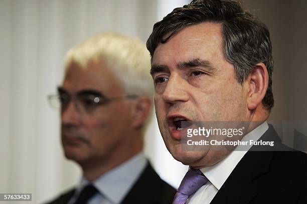Chancellor Gordon Brown and Trade and Industry Secretary Alistair Darling attend a press conference at Vauxhall Motor Company's Astra production...