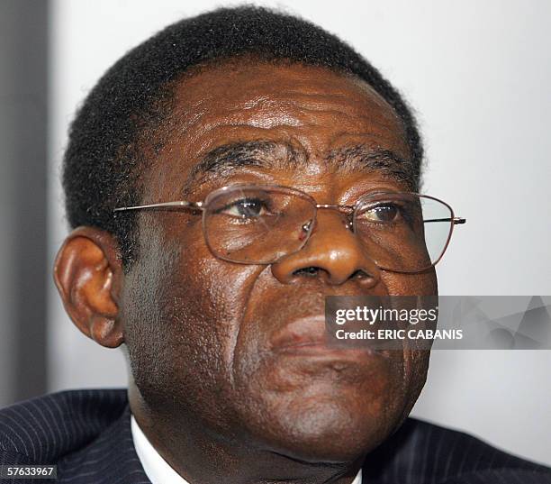 Equatorial Guinea's President Teodoro Obiang Nguema Mbasogo is pictured after signing a contract with Filippo Bagnato, chief executive of French and...