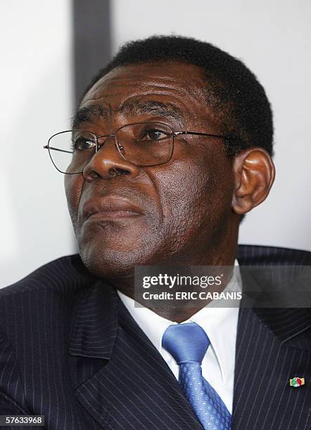 Equatorial Guinea's President Teodoro Obiang Nguema Mbasogo is pictured after signing a contract with Filippo Bagnato, chief executive of French and...