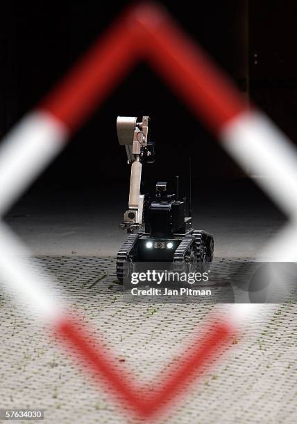 Land-robot in action at the German army base on May 17, 2006 in Hammelburg, Germany. Some 21 exhibitors from eight European countries show their...