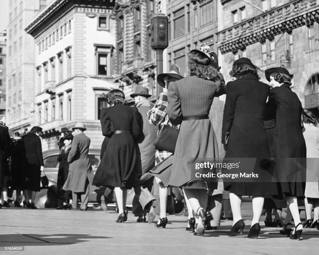 People walking on street, (Rear view), (B&W)