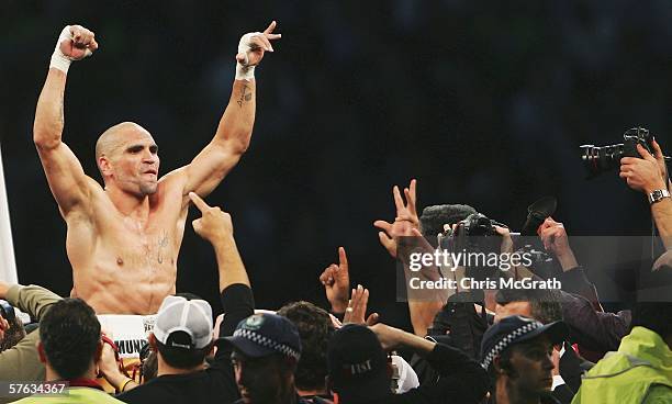 Anthony Mundine celebrates victory over Danny Green during the WBA Super-Middleweight fight between Anthony Mundine of Australia and Danny Green of...