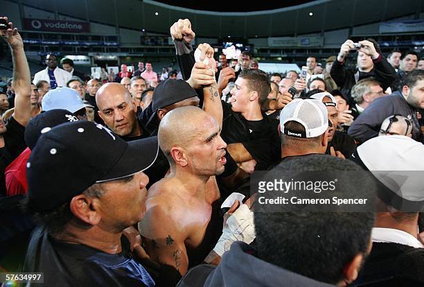 Anthony Mundine of Australia is congratulated by fans after winning his WBA Super-Middleweight fight against Danny Green of Australia at Aussie...