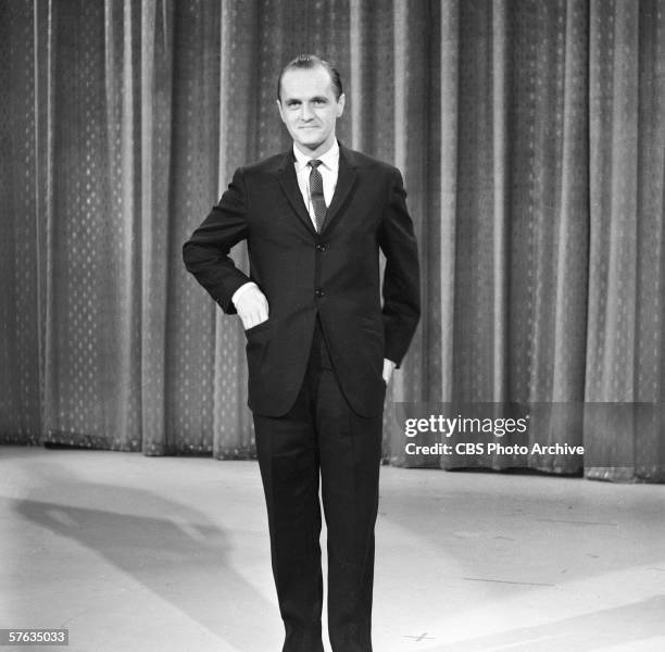 American comedian Bob Newhart performs his stand-up routine on 'The Ed Sullivan Show.' New York, New York, January 8, 1961.