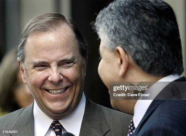 Former Enron CEO, Jeff Skilling , and his attorney, Daniel Petrocelli, react to a question outside of the Bob Casey U.S. Courthouse after the close...