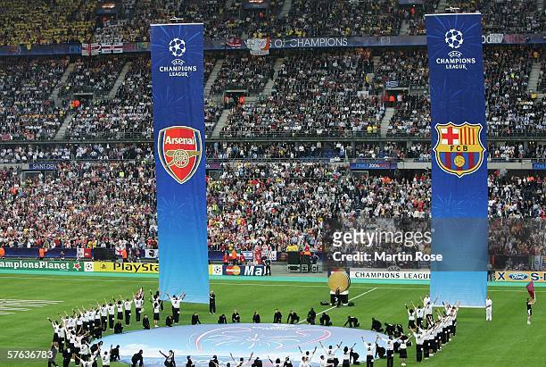 Banners with the club emblems of both teams rise from the ground during the opening ceremony to the UEFA Champions League Final between Arsenal and...