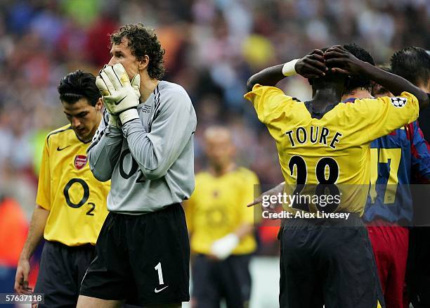 Jens Lehmann the Arsenal goalkeeper, is distraught after he is sent off for fouling Samuel Eto'o of Barcelona during the UEFA Champions League Final...