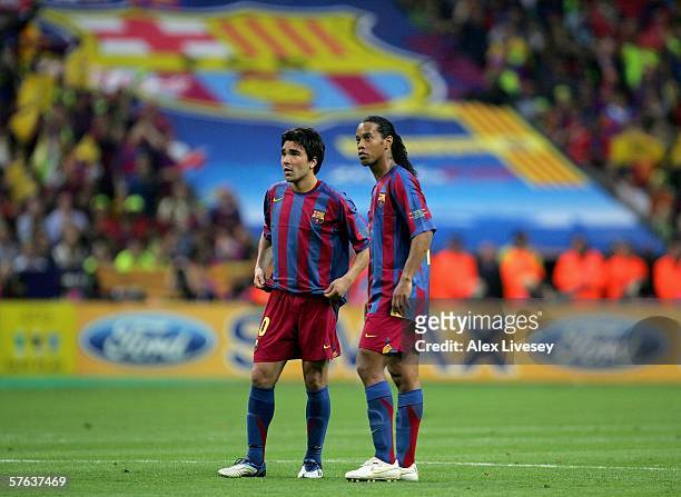 Ronaldinho and Deco of Barcelona during the UEFA Champions League Final between Arsenal and Barcelona at the Stade de France on May 17, 2006 in...