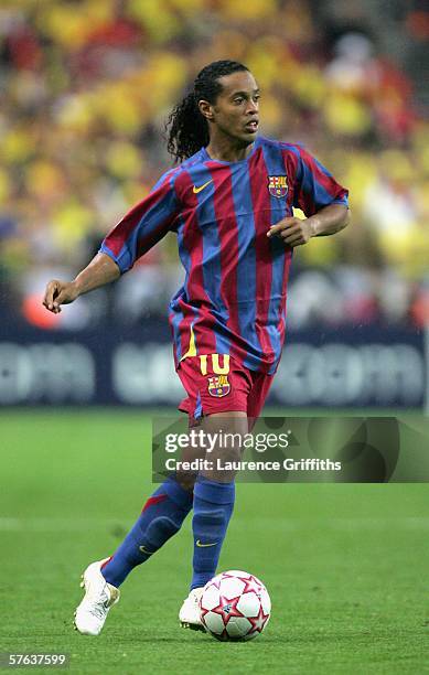 Ronaldinho of Barcelona in action during the UEFA Champions League Final between Arsenal and Barcelona at the Stade de France on May 17, 2006 in...