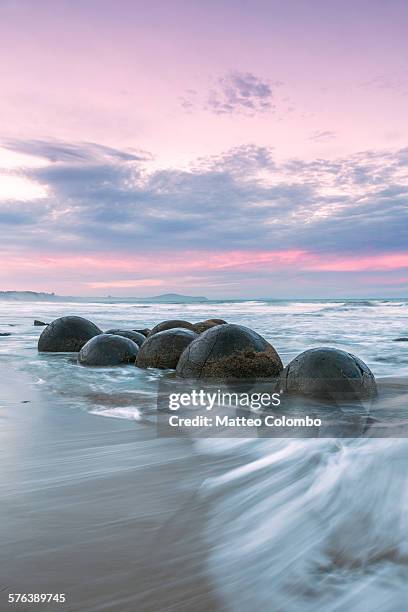 famous moeraki boulders at sunset, new zealand - moeraki boulders stockfoto's en -beelden