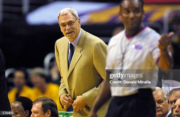 Head coach Phil Jackson of the Los Angeles Lakers in game four of the western conference finals against the San Antonio Spurs at Staples Center in...